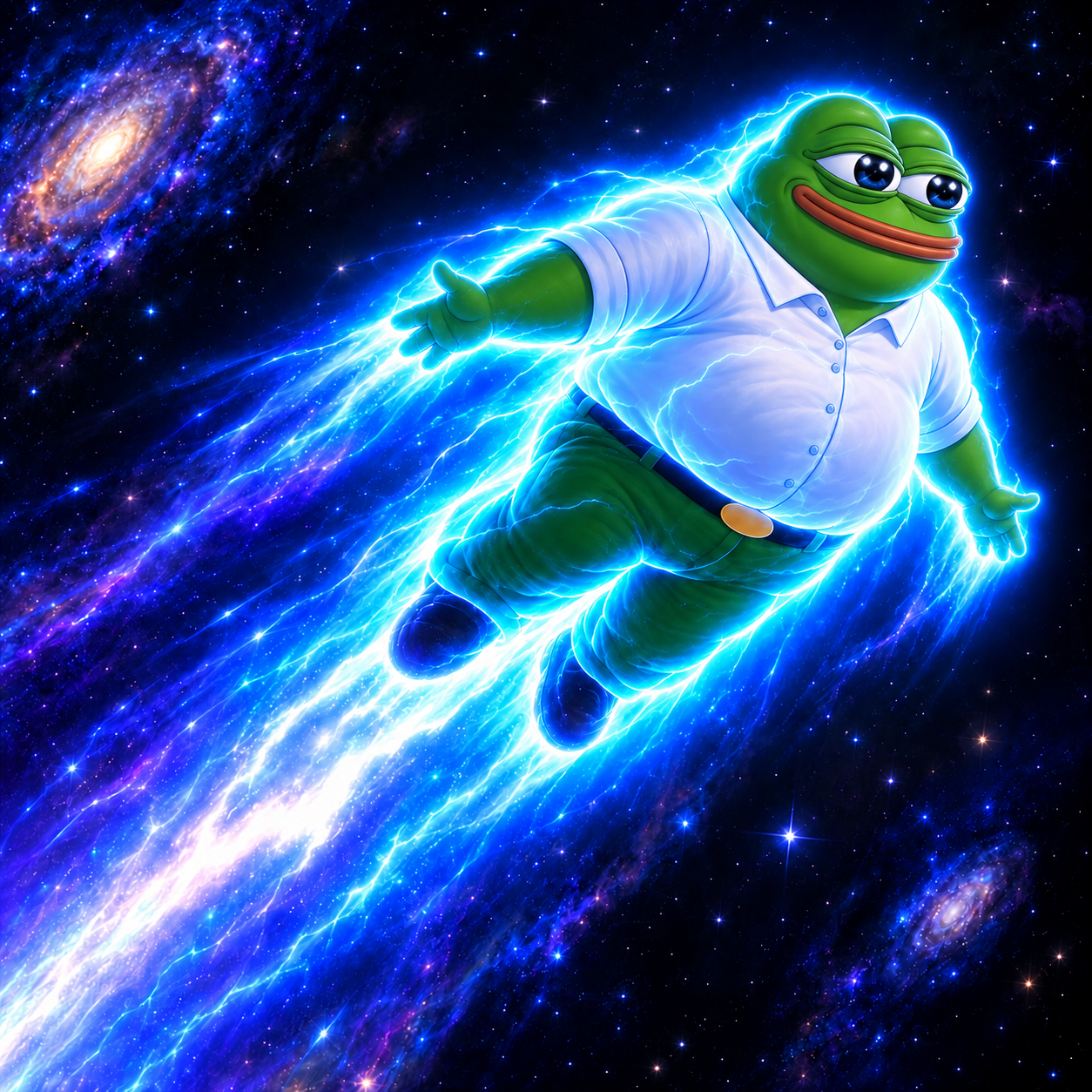 Pepe flying through an electric blue galaxy